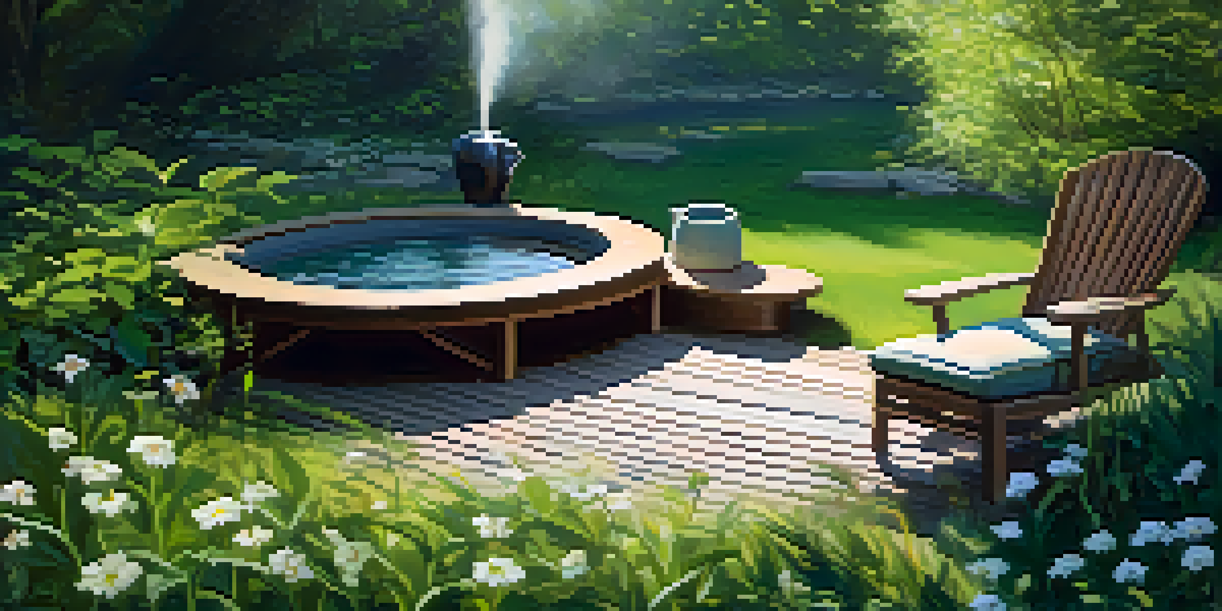 A tranquil outdoor spa with a wooden lounge chair, herbal tea on a table, and a gentle stream in the background.