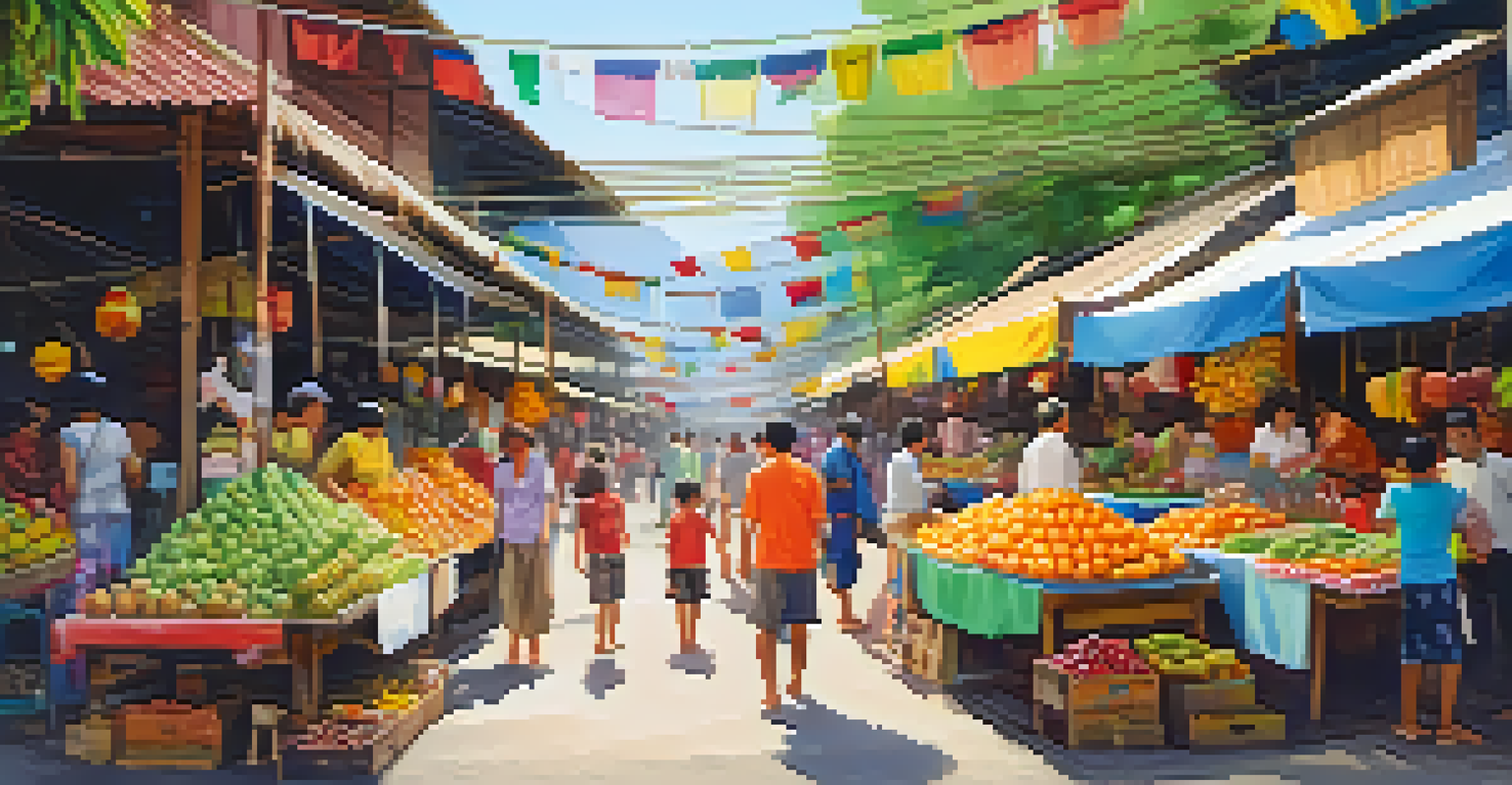 A family enjoying a vibrant Thai street market, sampling fruits and exploring colorful stalls amidst a lively atmosphere.