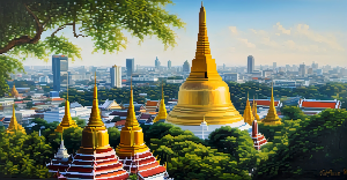A panoramic view from the top of Wat Saket featuring the golden chedi and the city of Bangkok below, under a clear blue sky.