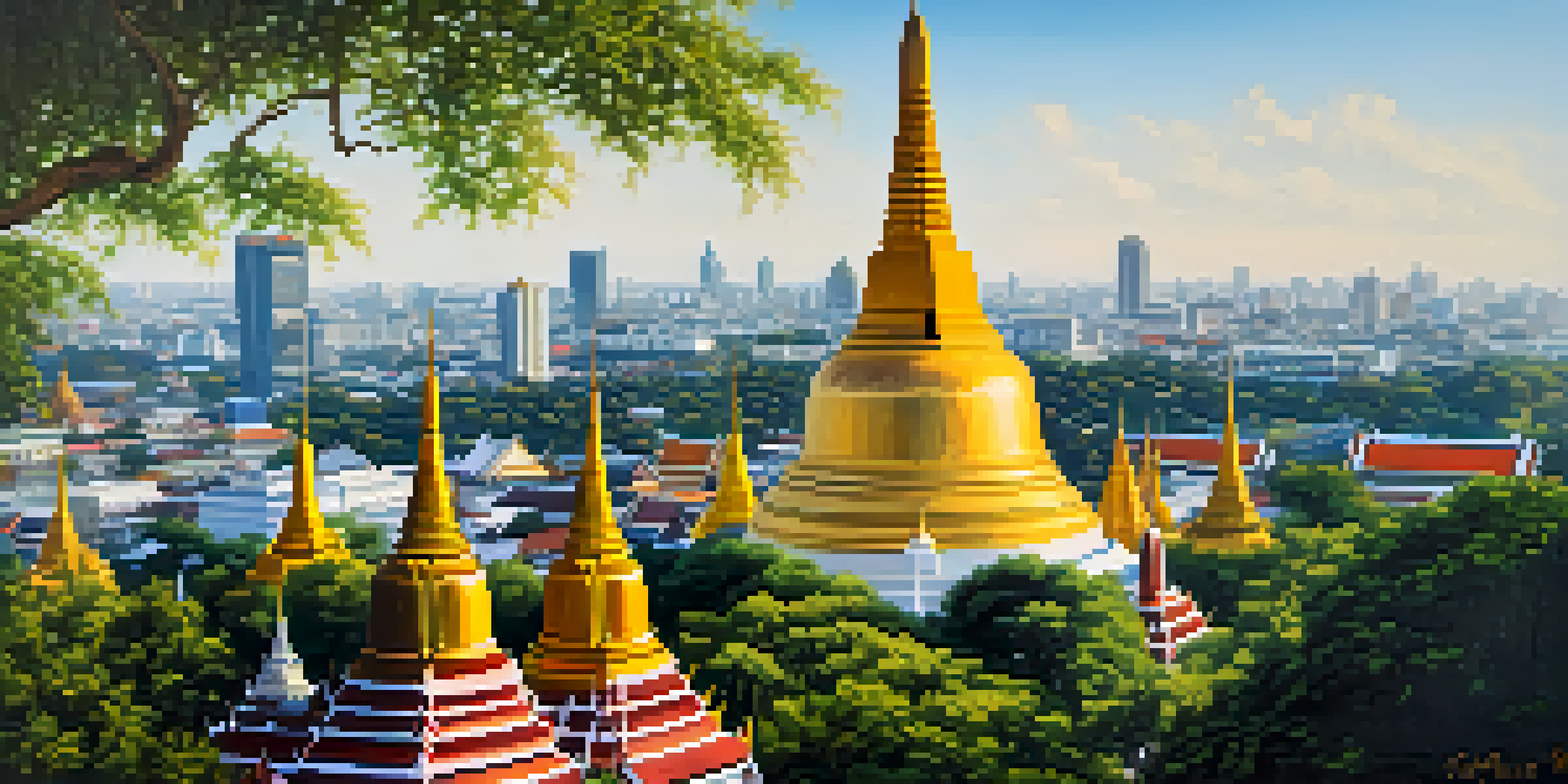 A panoramic view from the top of Wat Saket featuring the golden chedi and the city of Bangkok below, under a clear blue sky.