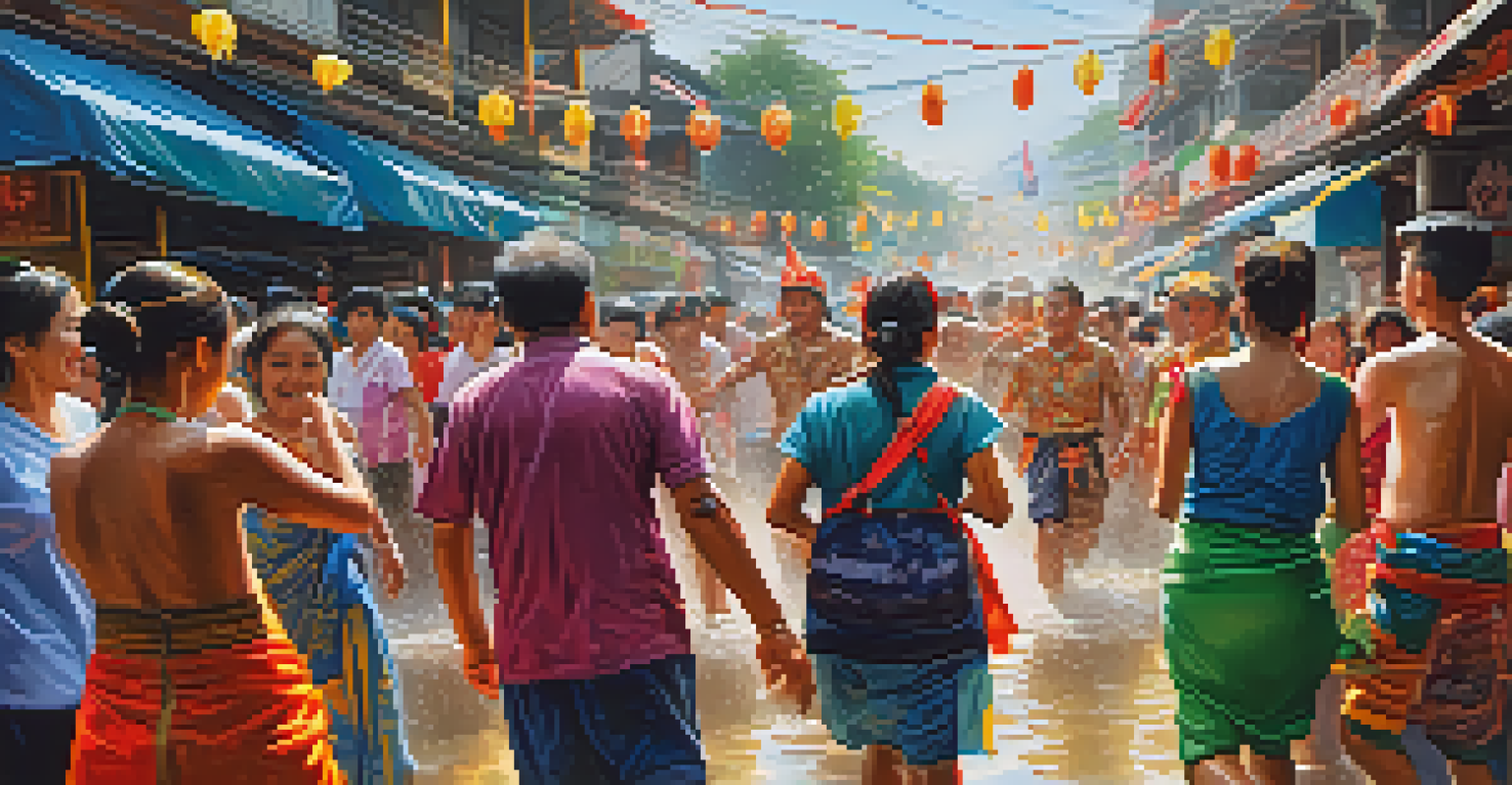 A colorful and lively scene of the Songkran Festival, with locals splashing water in traditional costumes under bright sunlight.