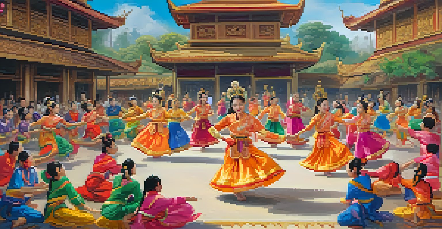 Group of dancers performing the Ram Wong dance in a circle, wearing traditional Thai clothing, showcasing a festive atmosphere filled with joy.