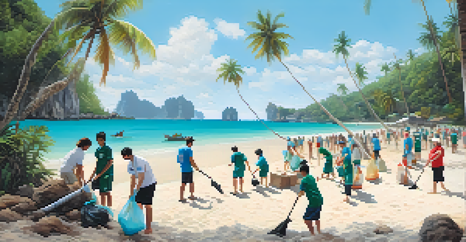 Volunteers cleaning a beautiful beach in Thailand, surrounded by palm trees and clear waters.