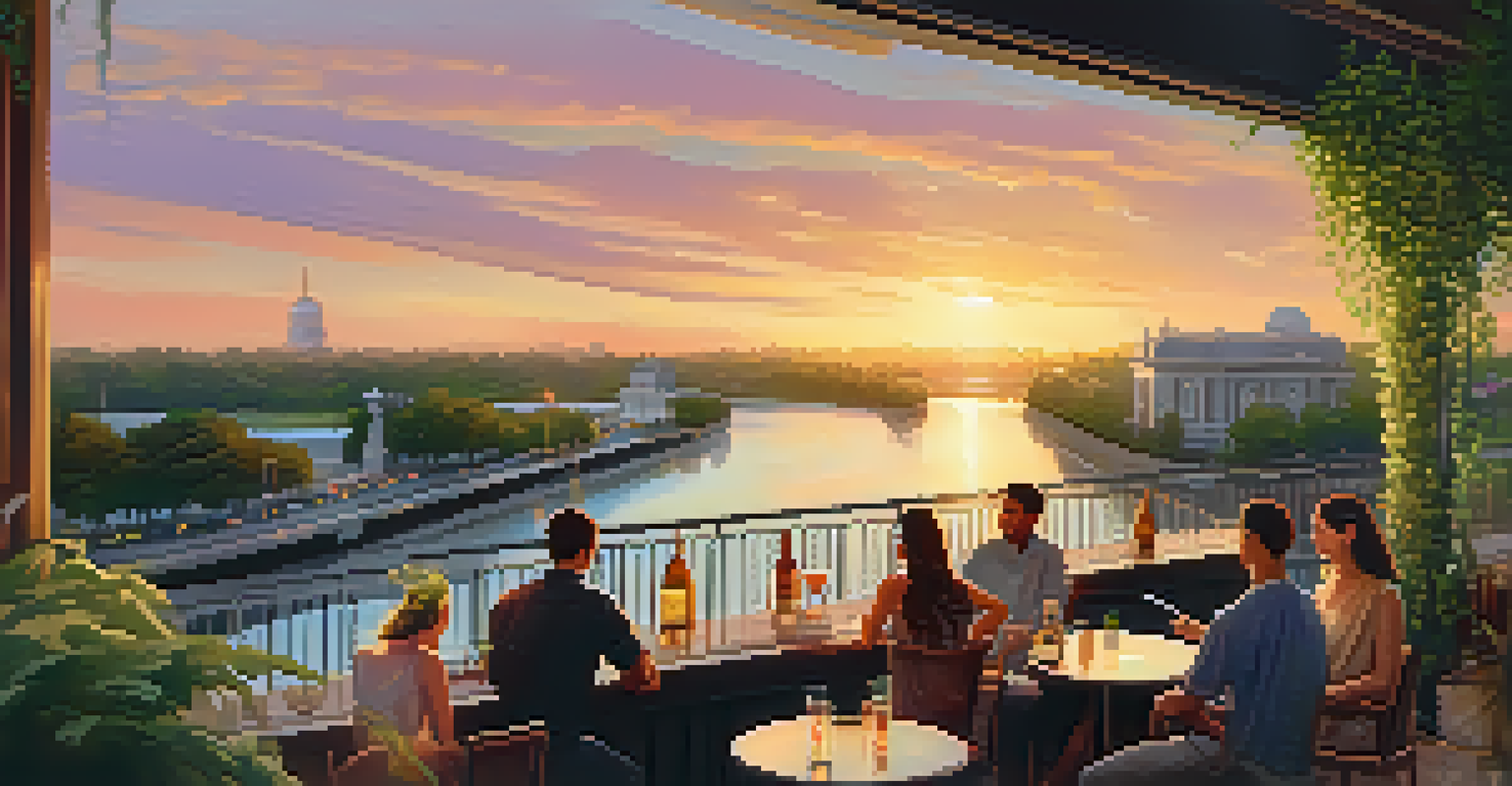 A rooftop bar in Chiang Mai at sunset, with patrons enjoying drinks and a beautiful view of the Ping River.
