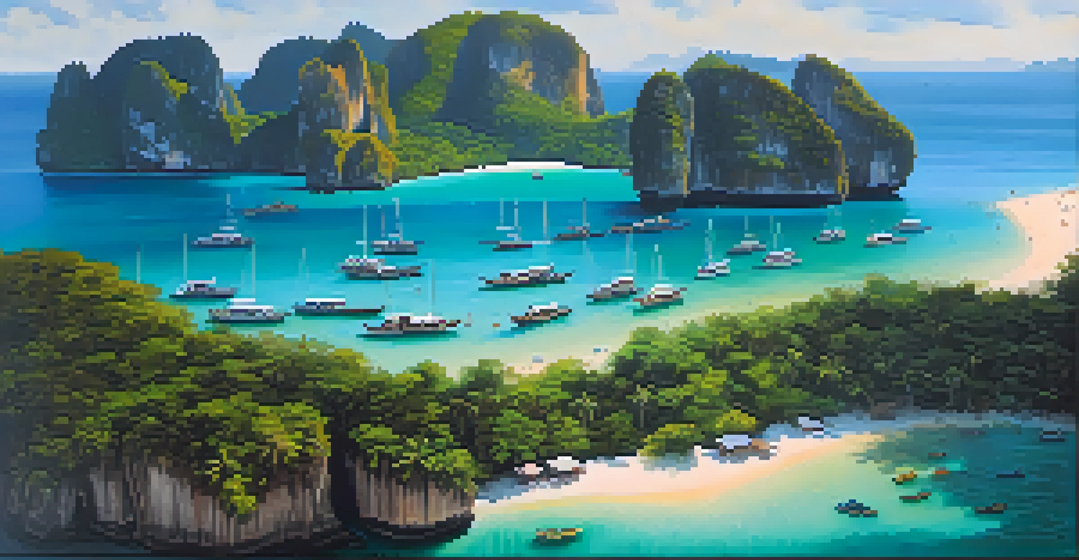 An aerial view of the Phi Phi Islands with turquoise lagoons, limestone cliffs, and sandy beaches during sunset.
