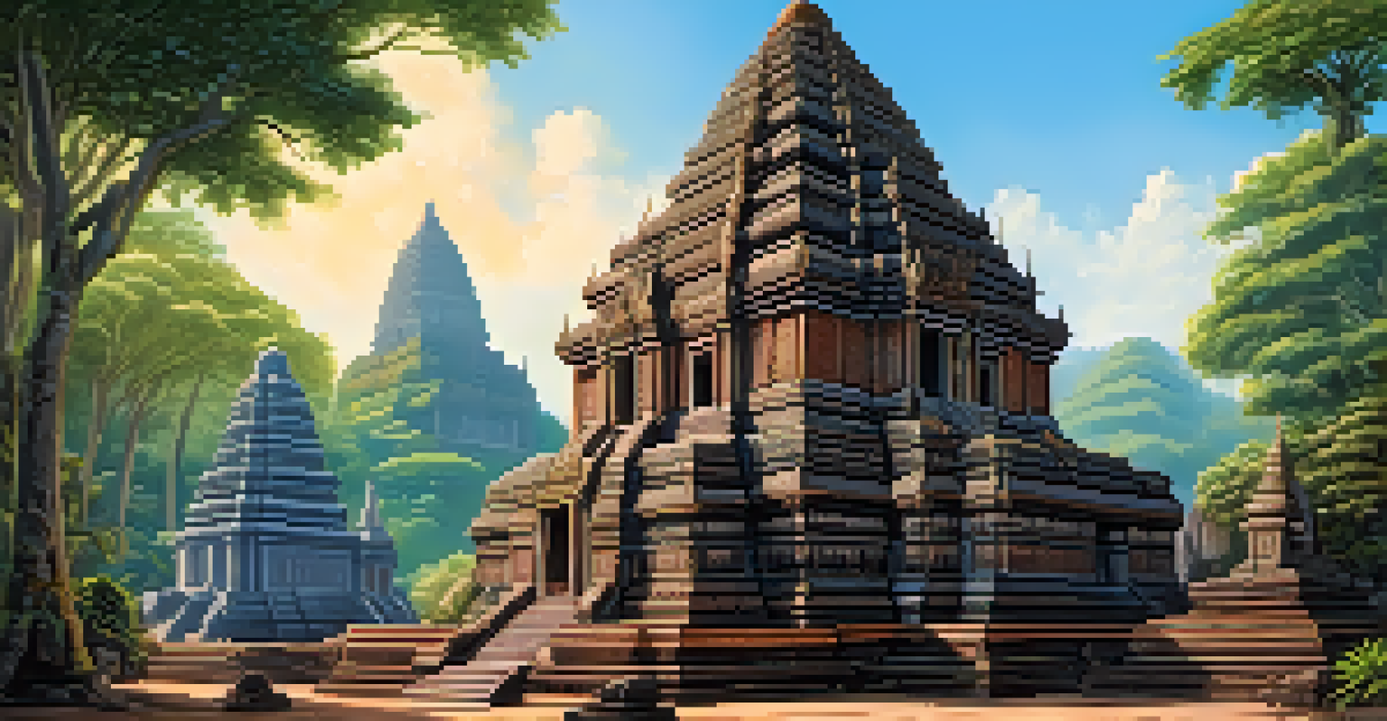 A detailed view of Wat Phu temple with intricate carvings, surrounded by lush greenery and a clear blue sky.