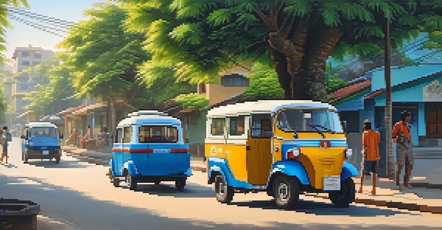 A tuk-tuk parked in a lush neighborhood, with a driver interacting with a tourist, bathed in warm late afternoon light.