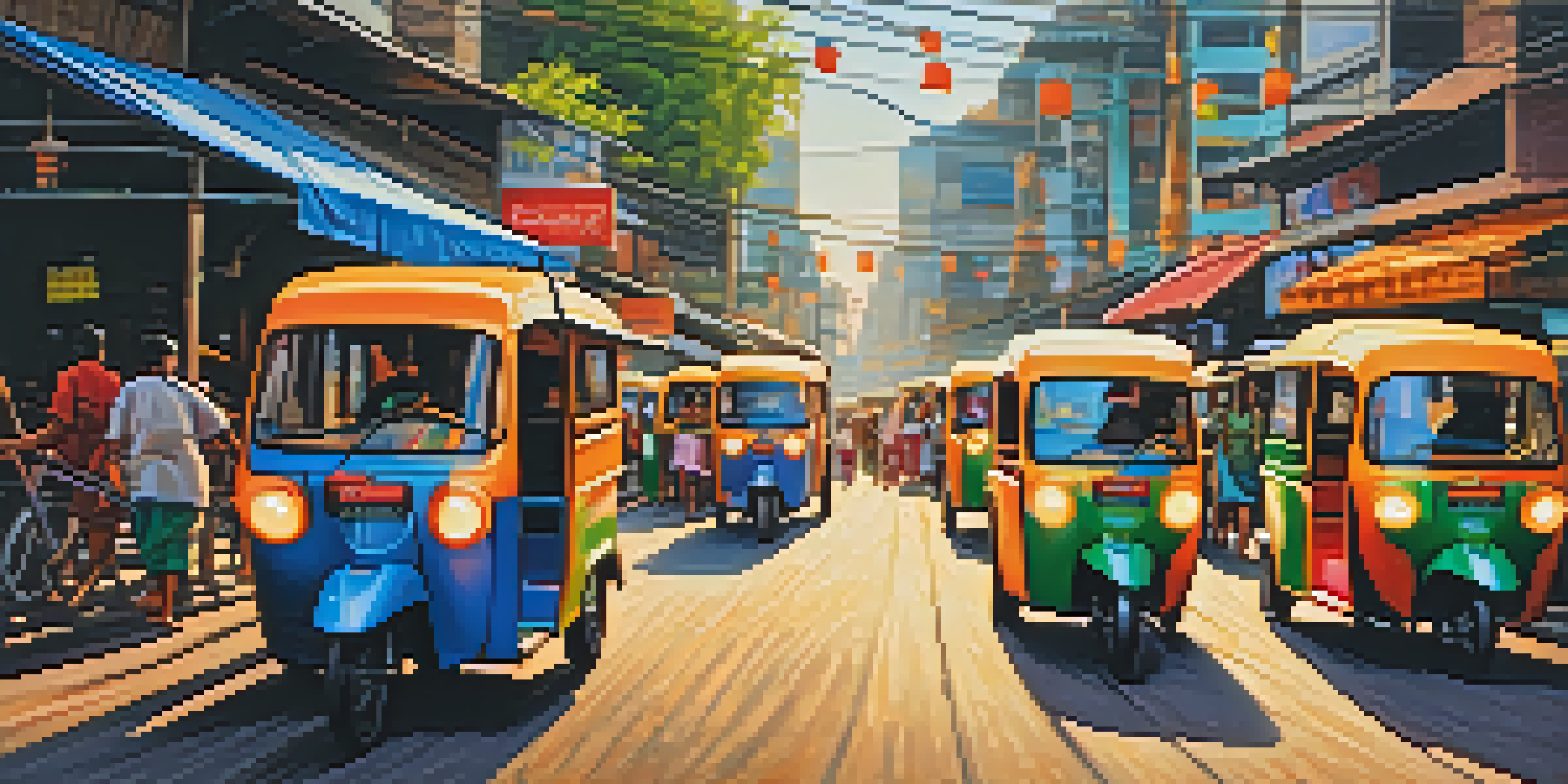 A busy street in Bangkok with colorful tuk-tuks, street vendors, and a lively crowd, illuminated by a warm sunset.
