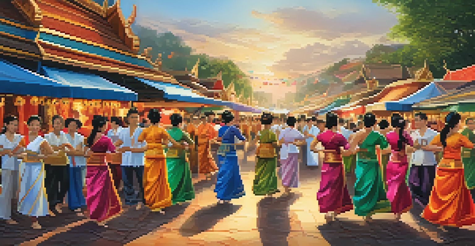 A lively cultural festival in Thailand with dancers in traditional costumes and market stalls, creating a festive atmosphere.