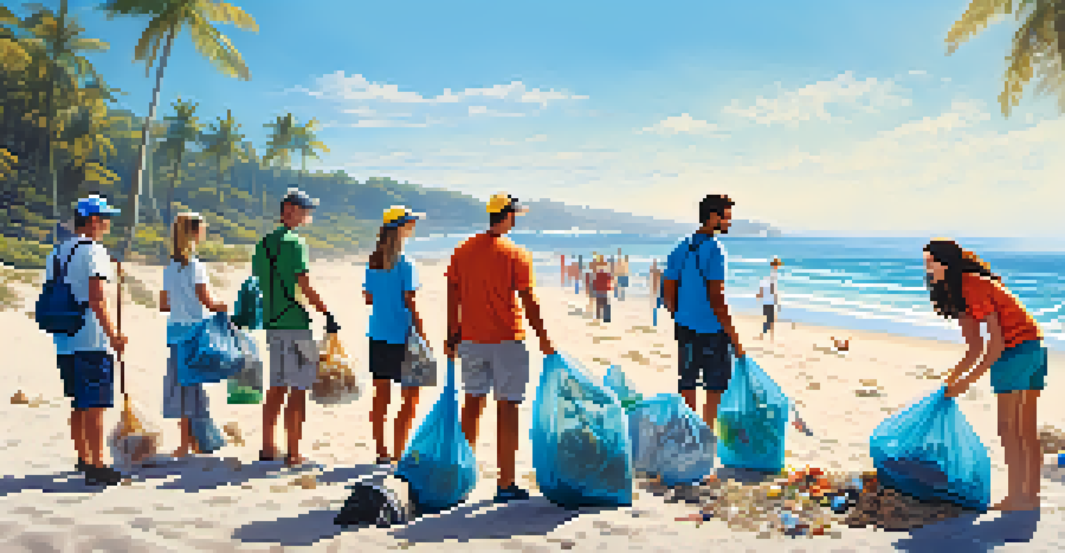 A diverse group of volunteers cleaning the beach, with ocean waves and a clear sky in the background, showcasing teamwork and environmental care.
