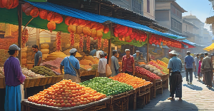A local guide shows tourists around a lively market full of colorful fruits and crafts under warm sunlight.