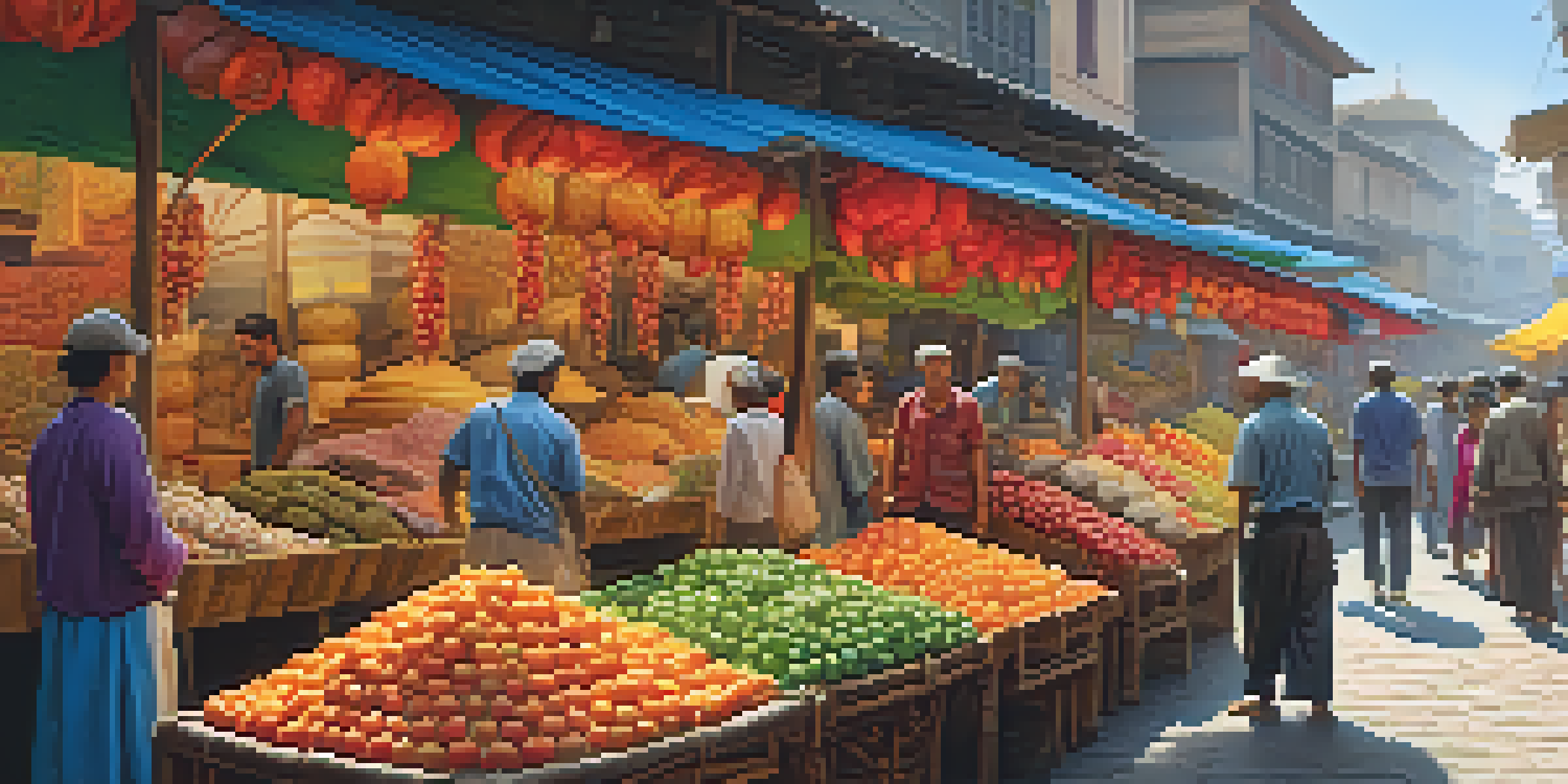 A local guide shows tourists around a lively market full of colorful fruits and crafts under warm sunlight.