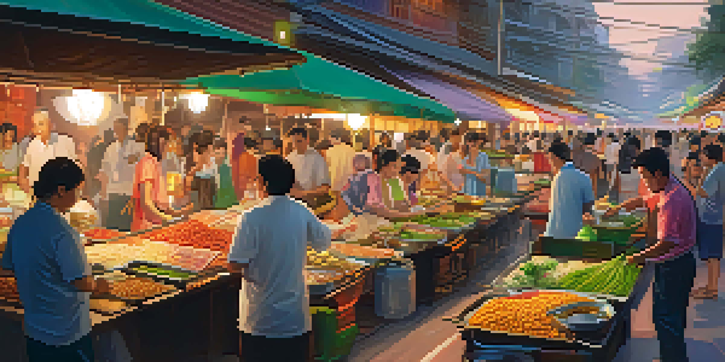 A vibrant street food market in Thailand with colorful stalls, vendors cooking, and people enjoying their meals.
