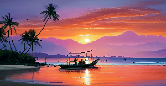 A sunset view over Koh Lanta's beach with fishing boats and palm trees.
