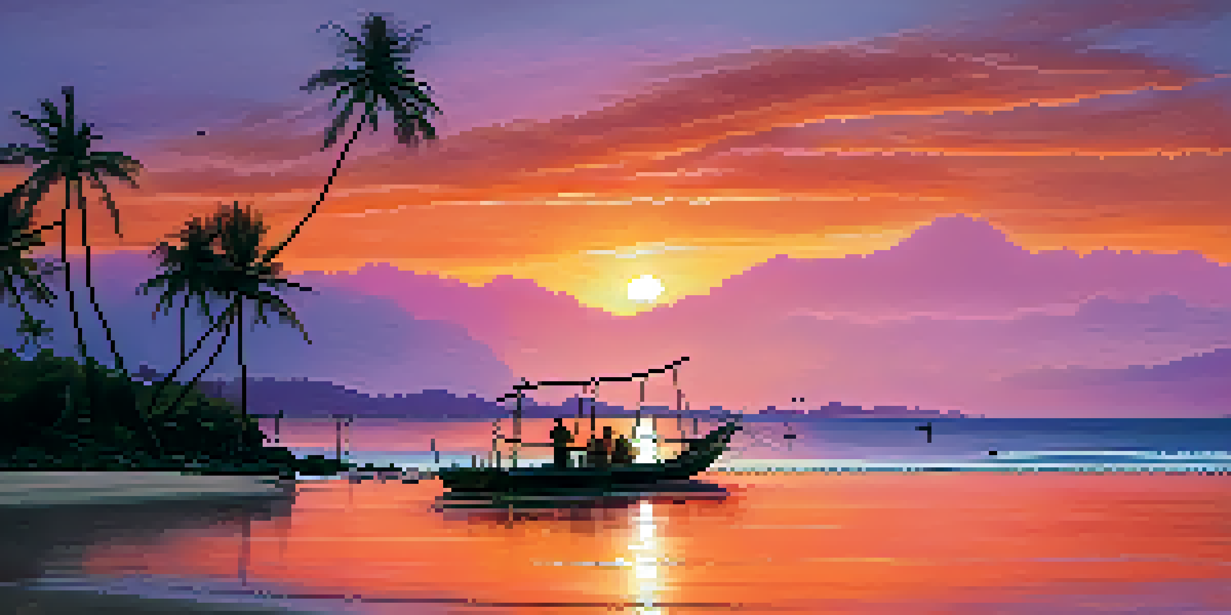 A sunset view over Koh Lanta's beach with fishing boats and palm trees.