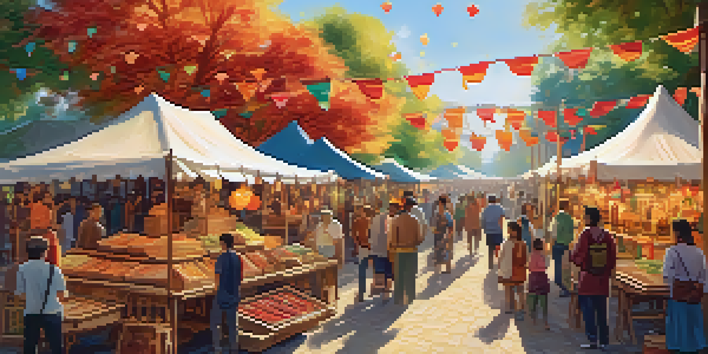 A lively local festival with colorful tents and stalls, where people are enjoying handmade crafts and artisanal foods under the warm sunlight.