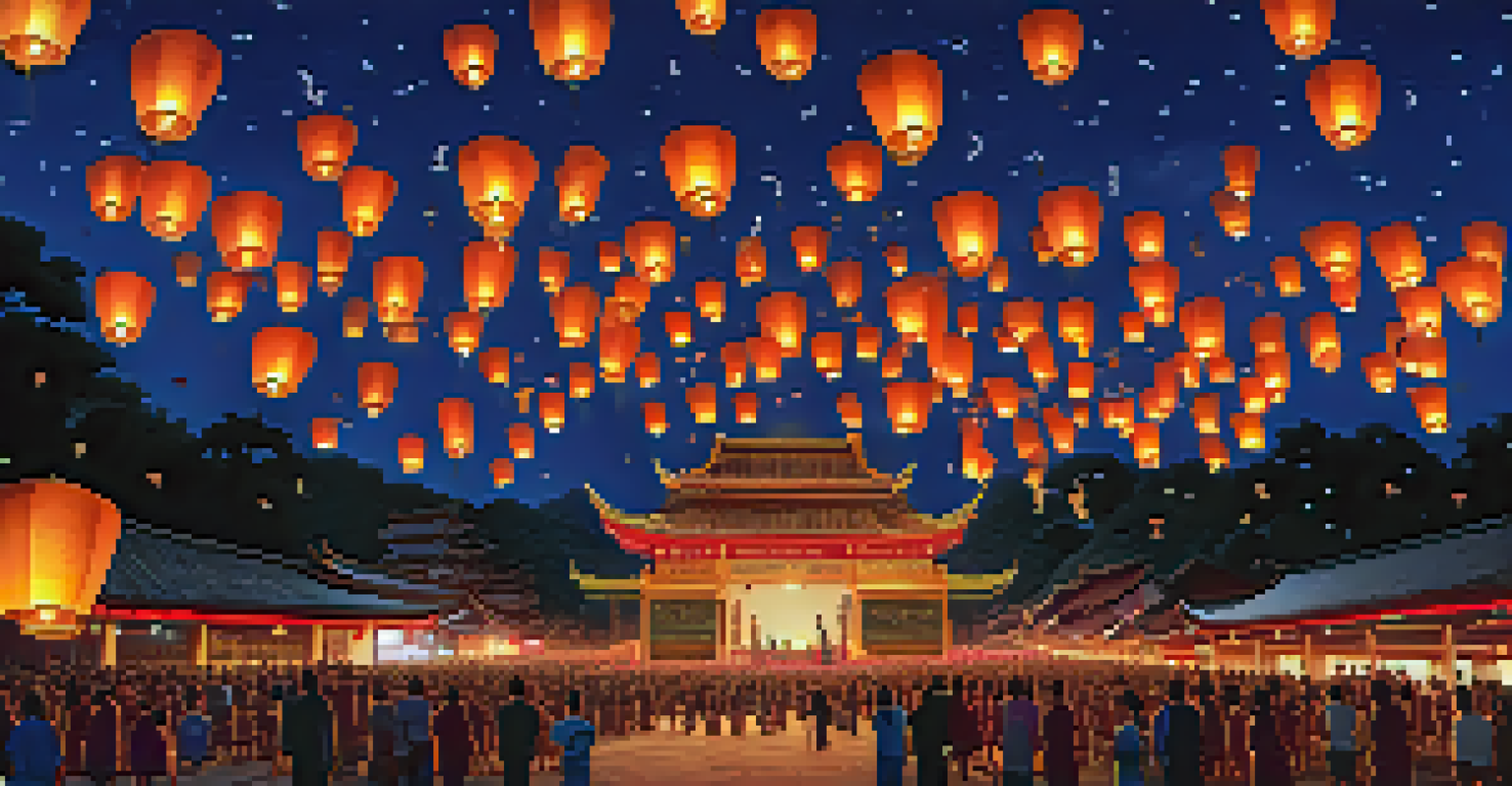 A beautiful night scene from the Yi Peng lantern festival, with glowing lanterns ascending into the sky and people watching in admiration.