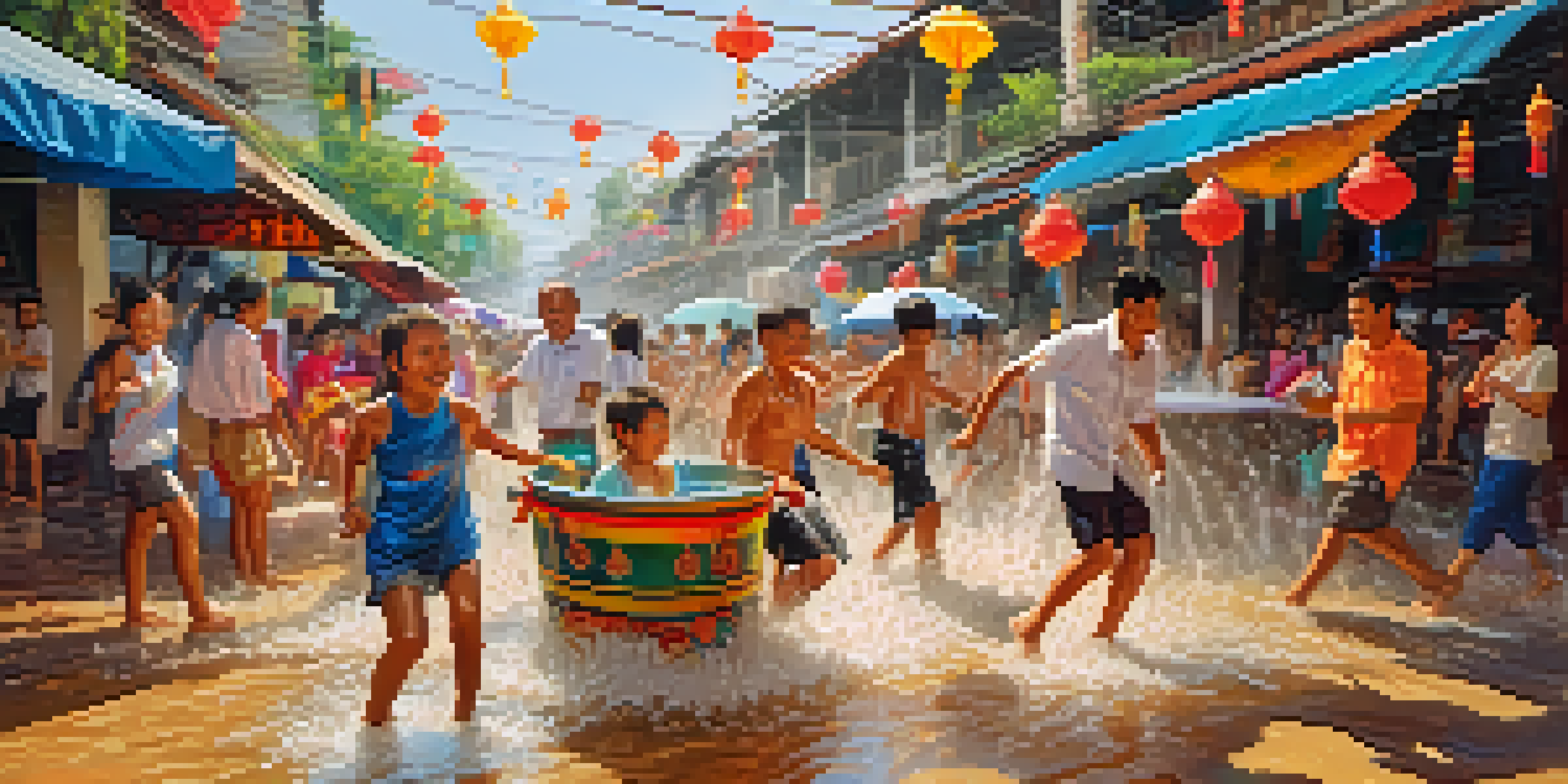 A lively street scene during the Thai New Year festival with people joyfully participating in water fights amidst colorful decorations.
