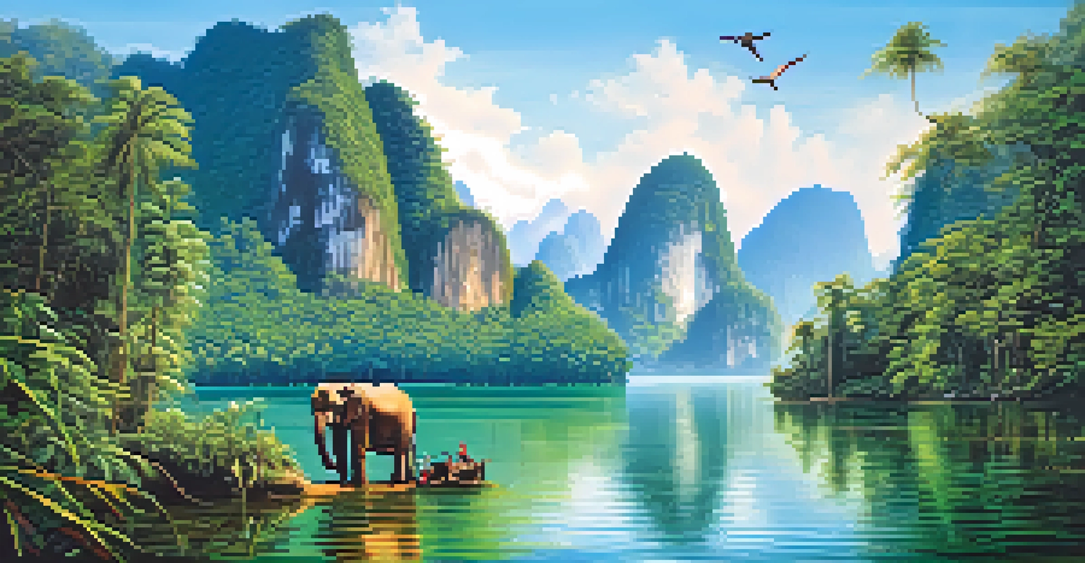 A picturesque landscape of Khao Sok National Park with limestone cliffs, lush rainforest, and an elephant near Cheow Lan Lake under a clear blue sky.