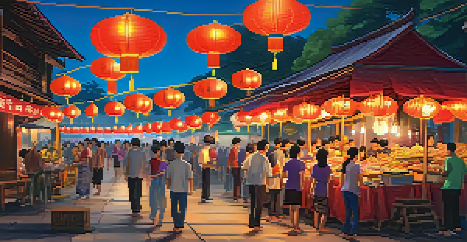 A lively street filled with food stalls during the Yi Peng Lantern Festival, with people enjoying traditional Thai food and lanterns glowing in the background.