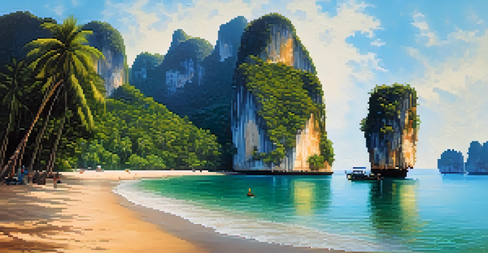 A scenic view of limestone cliffs in Krabi, Thailand, with climbers and a beach during sunset.