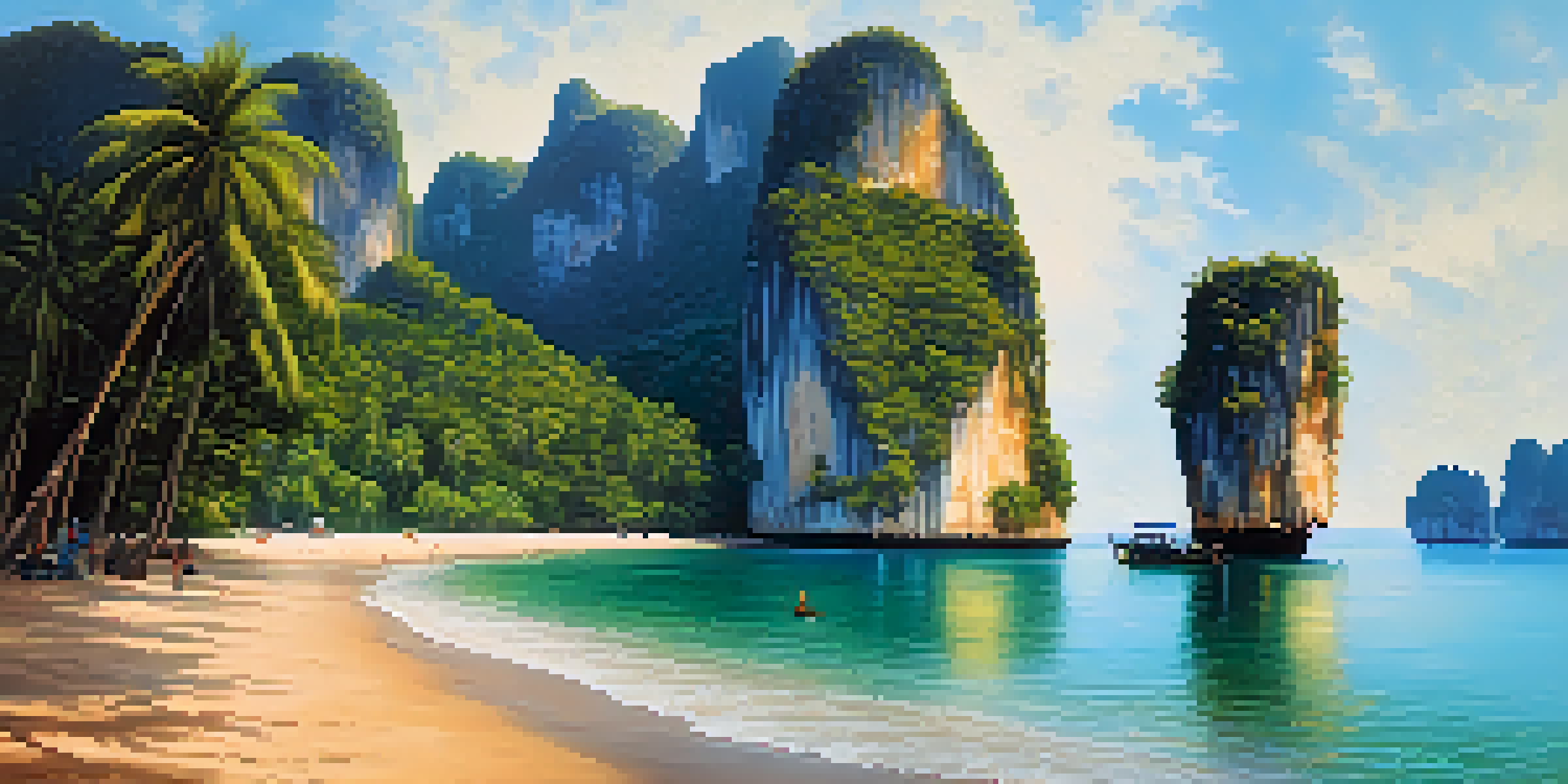 A scenic view of limestone cliffs in Krabi, Thailand, with climbers and a beach during sunset.