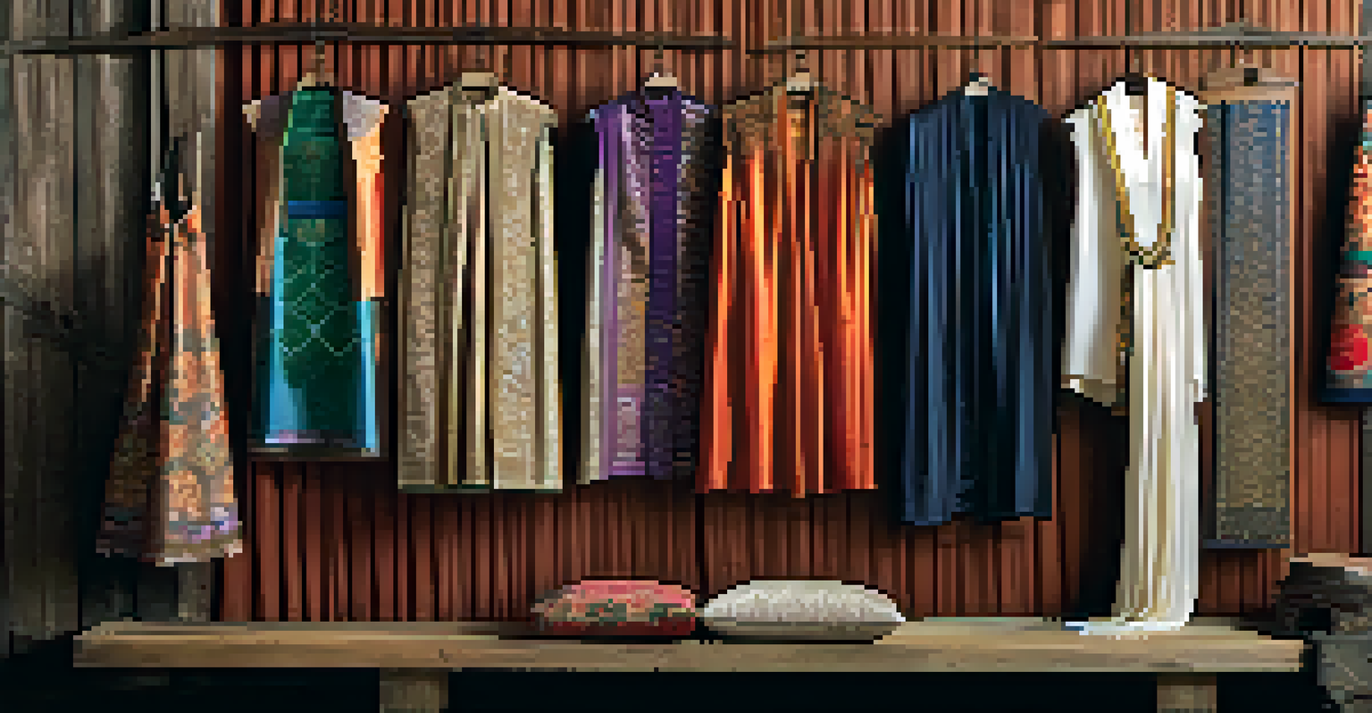 A display of colorful Thai silk garments on hangers, showcasing different patterns and textures against a rustic background.