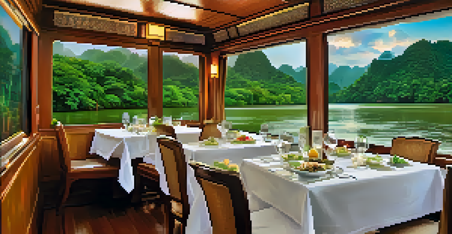 An elegant dining table on a river cruise in Thailand, featuring gourmet Thai dishes and a scenic river view.