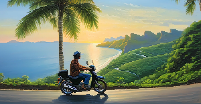 A traveler on a motorbike rides along a coastal road in Thailand, with green hills and blue sea in the background during sunset.