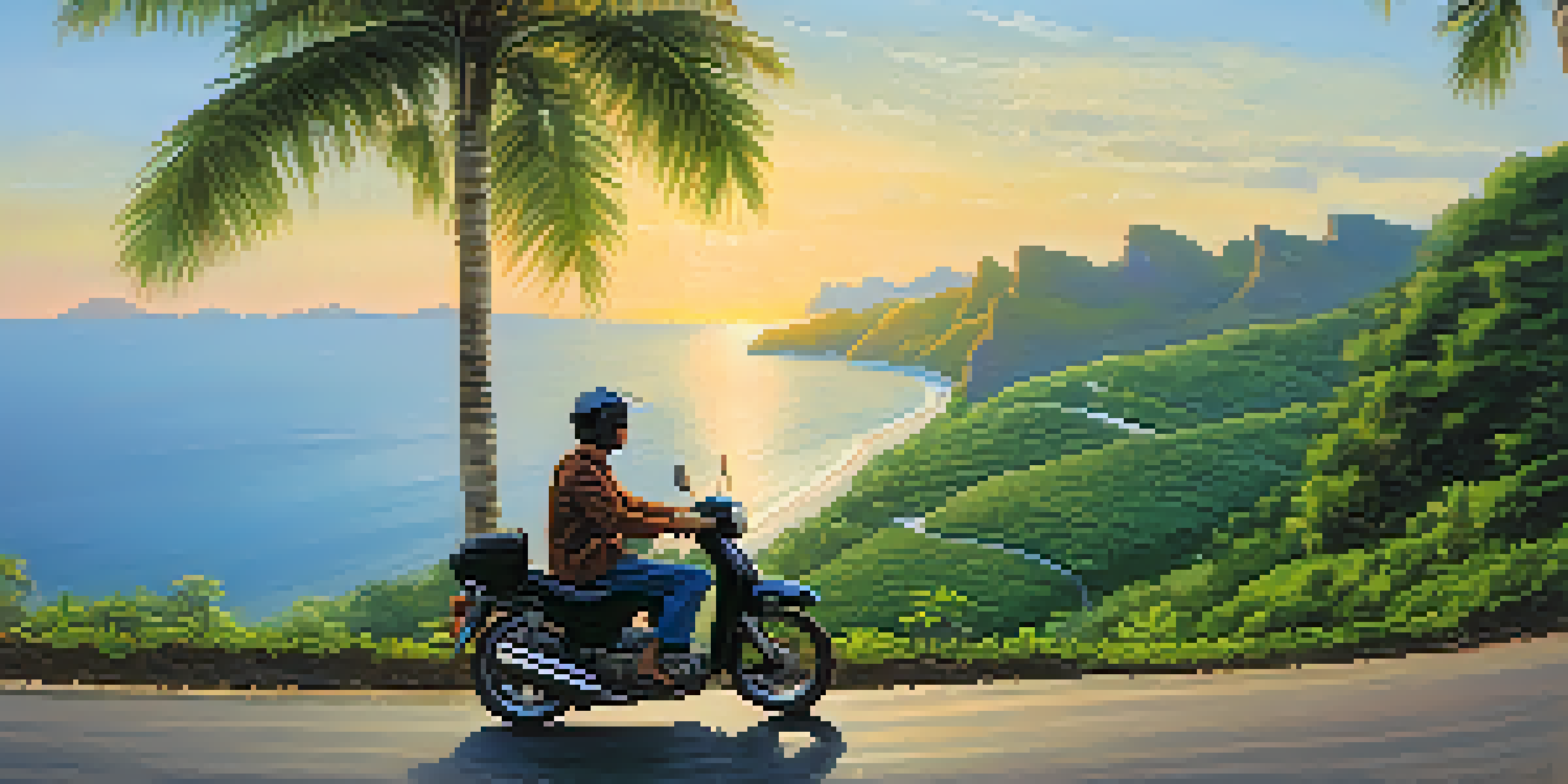 A traveler on a motorbike rides along a coastal road in Thailand, with green hills and blue sea in the background during sunset.