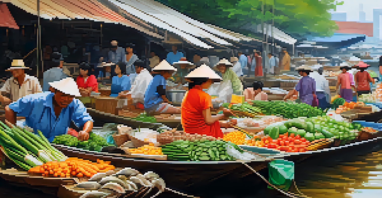 A lively market scene by the Chao Phraya River, with vendors and colorful produce.
