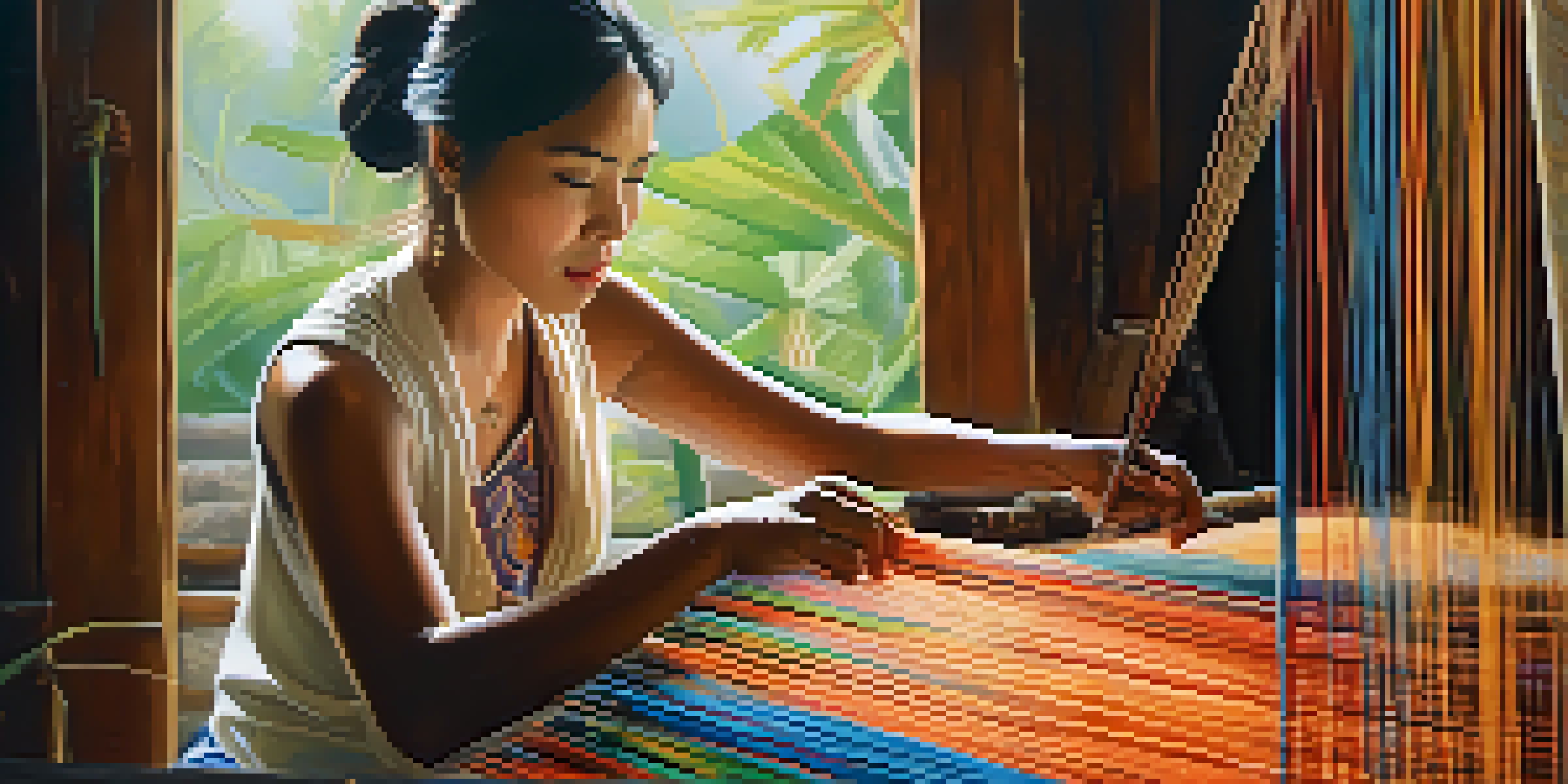 An artisan weaving Thai silk on a handloom, surrounded by colorful silk threads and patterns, illuminated by soft natural light.