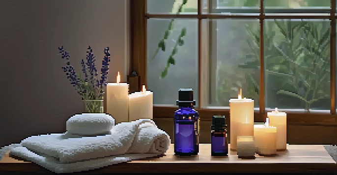A peaceful spa room with soft lighting, essential oil bottles on a shelf, and fresh lavender plants creating a relaxing ambiance.