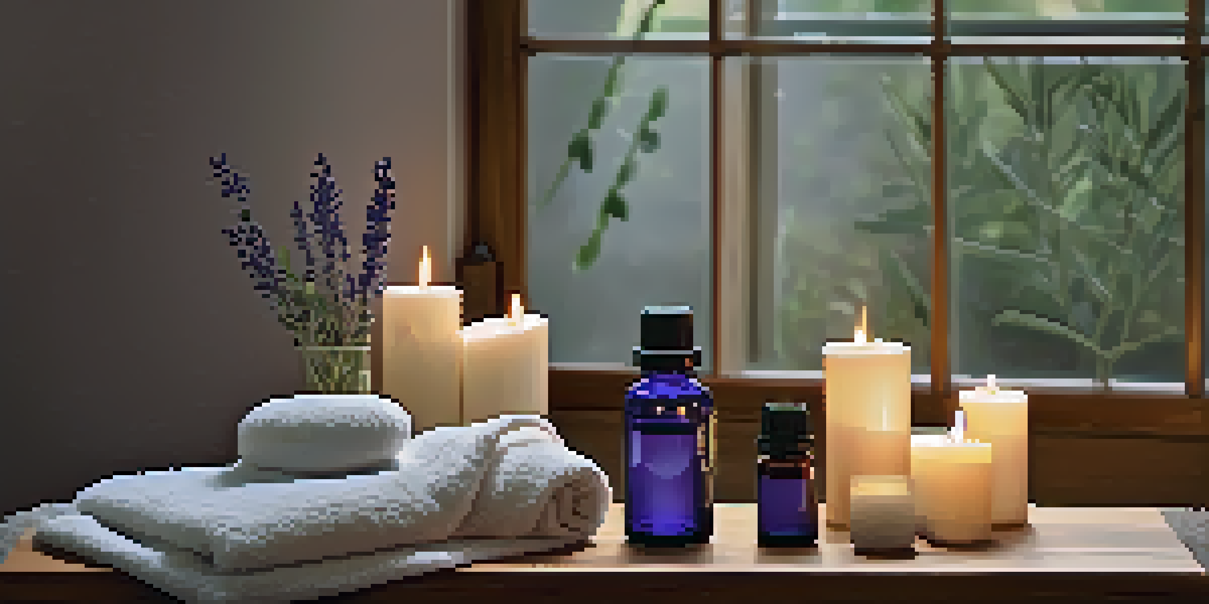 A peaceful spa room with soft lighting, essential oil bottles on a shelf, and fresh lavender plants creating a relaxing ambiance.
