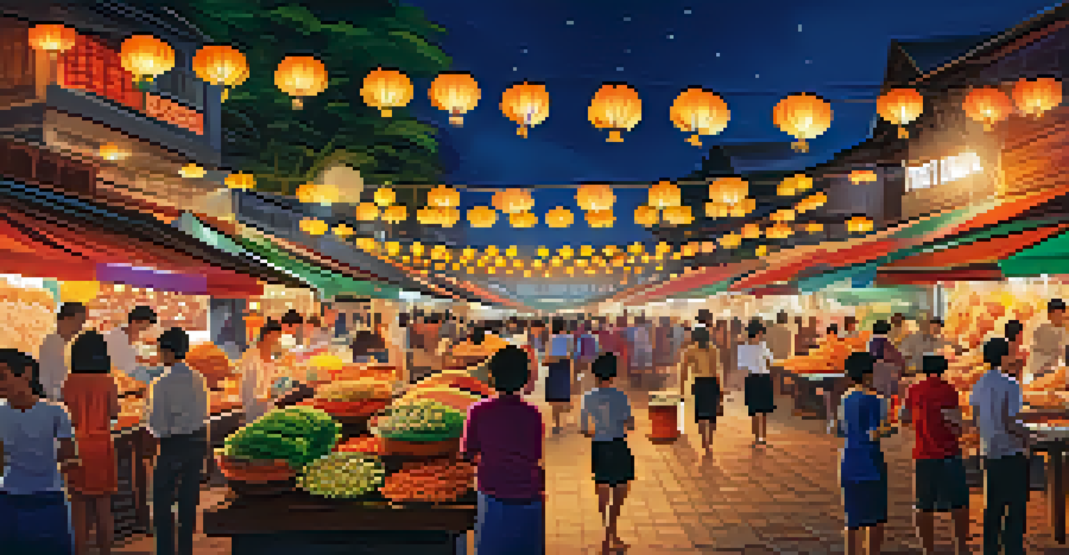 A bustling marketplace during the Loy Krathong festival, showcasing food stalls and a vibrant atmosphere.