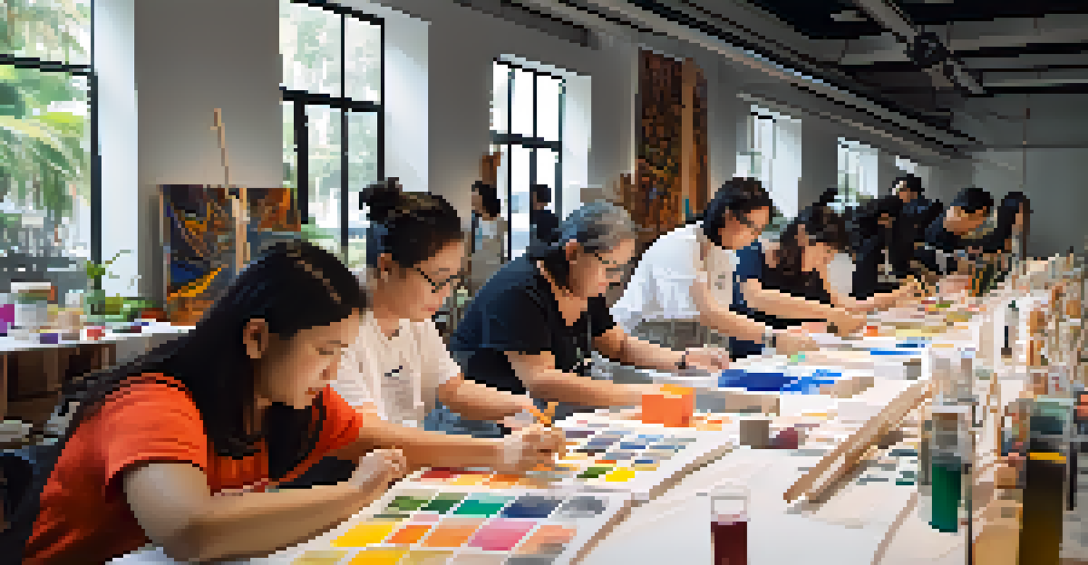 Participants of various ages engaged in an interactive design workshop at Bangkok Design Week, surrounded by design tools and colorful artwork.