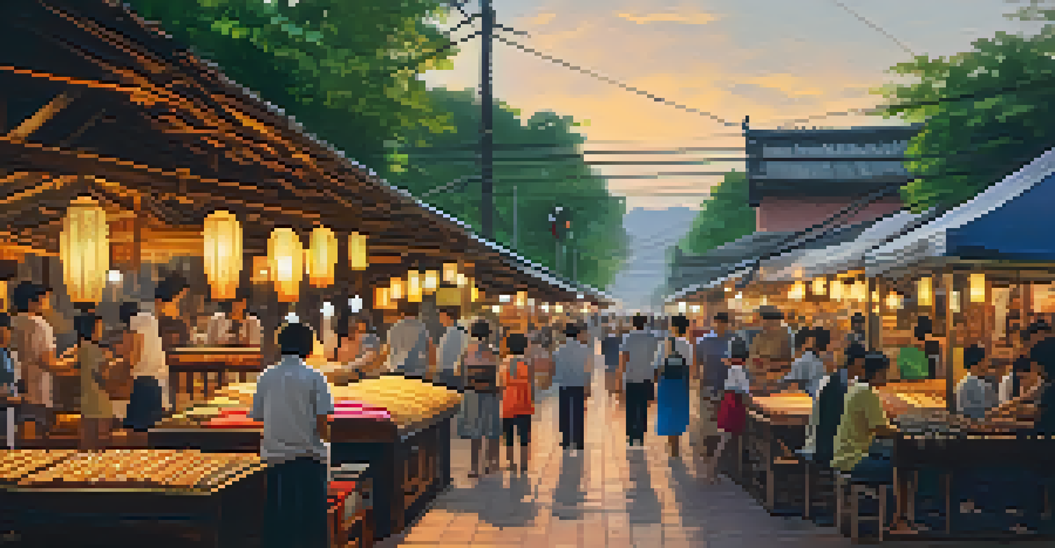 A peaceful market scene in Chiang Mai with artisans and musicians, surrounded by greenery.