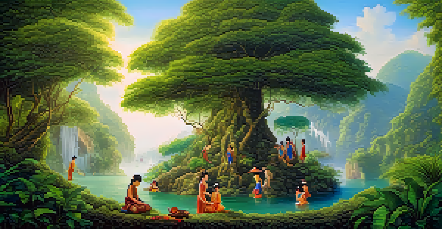A Thai folklore scene featuring characters surrounded by lush greenery and traditional motifs, illuminated by soft, diffused light.