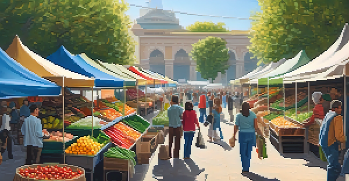 A lively outdoor market with colorful stalls of fruits and vegetables, sunlight illuminating the scene, and vendors engaging with customers.