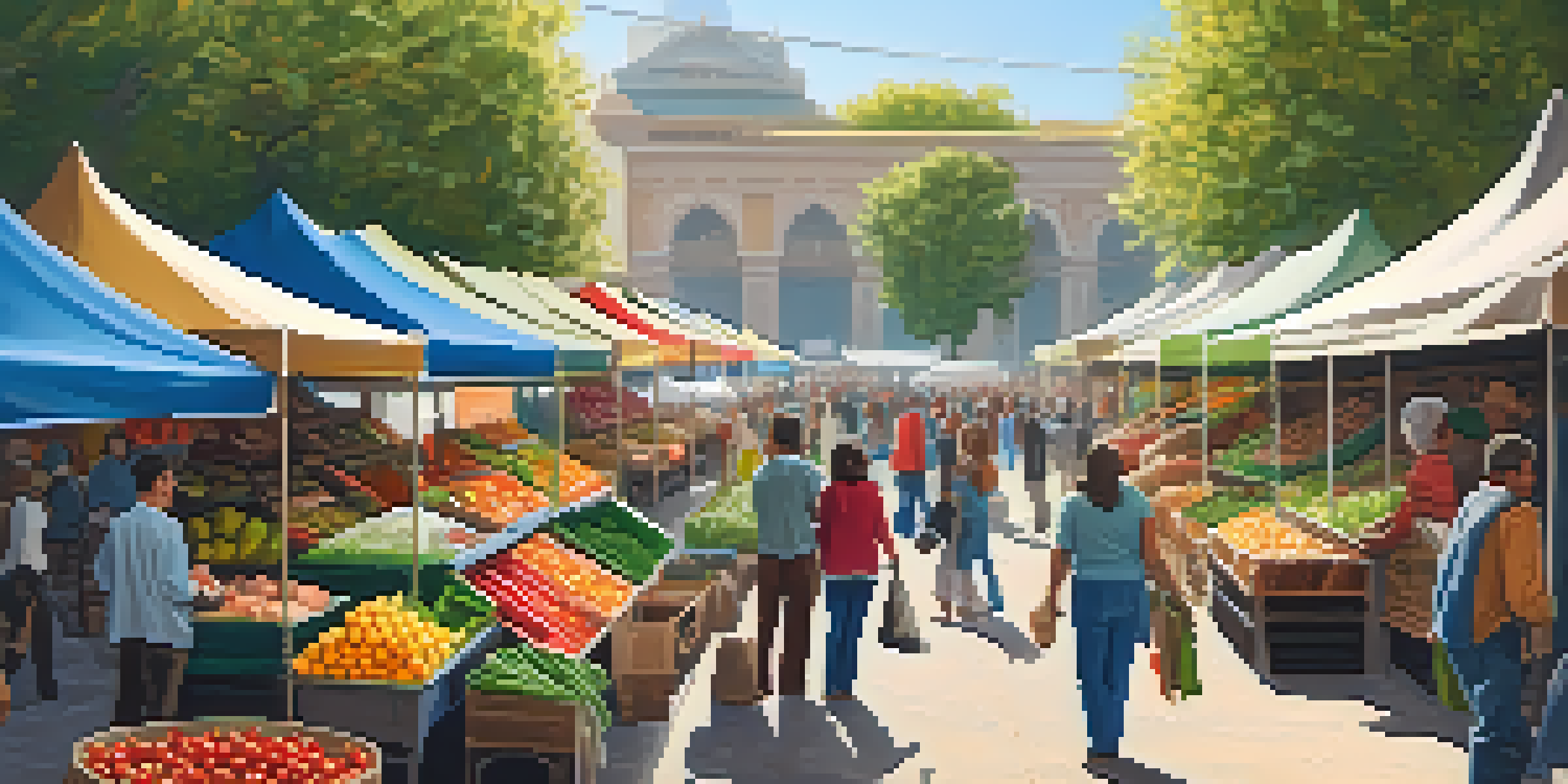 A lively outdoor market with colorful stalls of fruits and vegetables, sunlight illuminating the scene, and vendors engaging with customers.