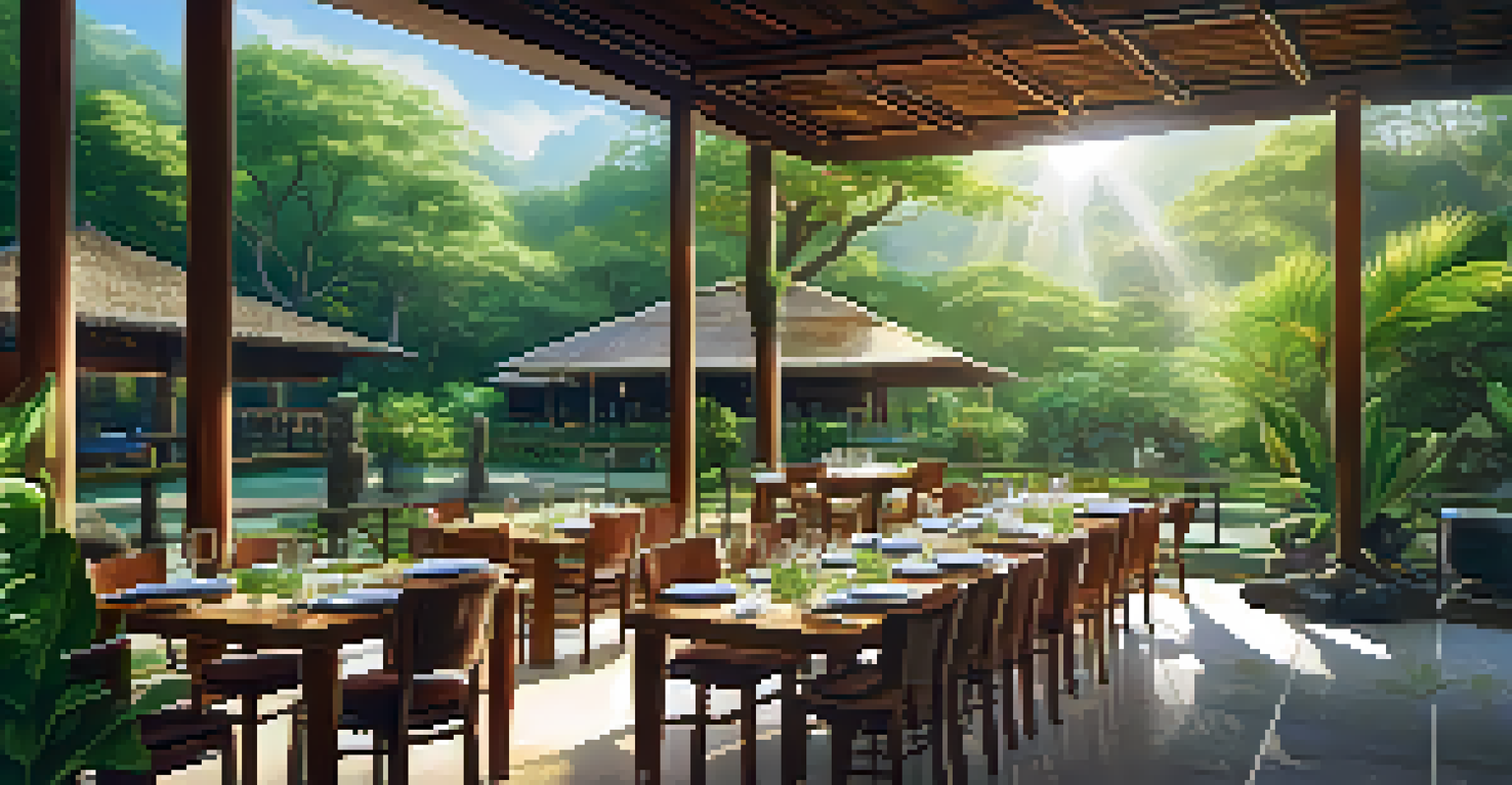An eco-friendly Thai restaurant with an open-air setting, featuring sustainable tableware and colorful plant-based dishes amidst lush greenery.