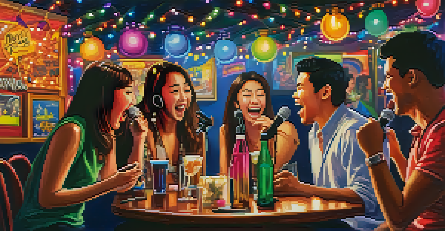 A group of friends having fun singing karaoke in a colorful and lively bar in Krabi.