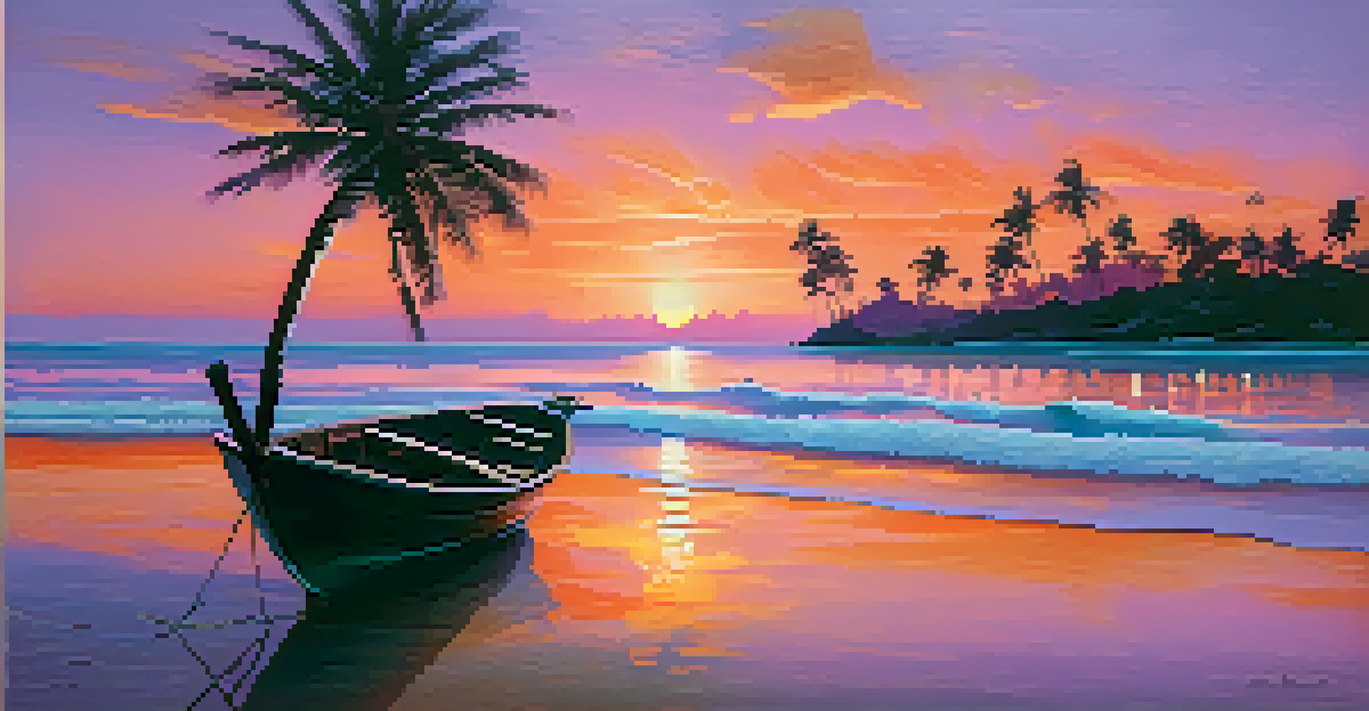 A peaceful Thai beach at sunset with palm trees and a small boat on the shore.