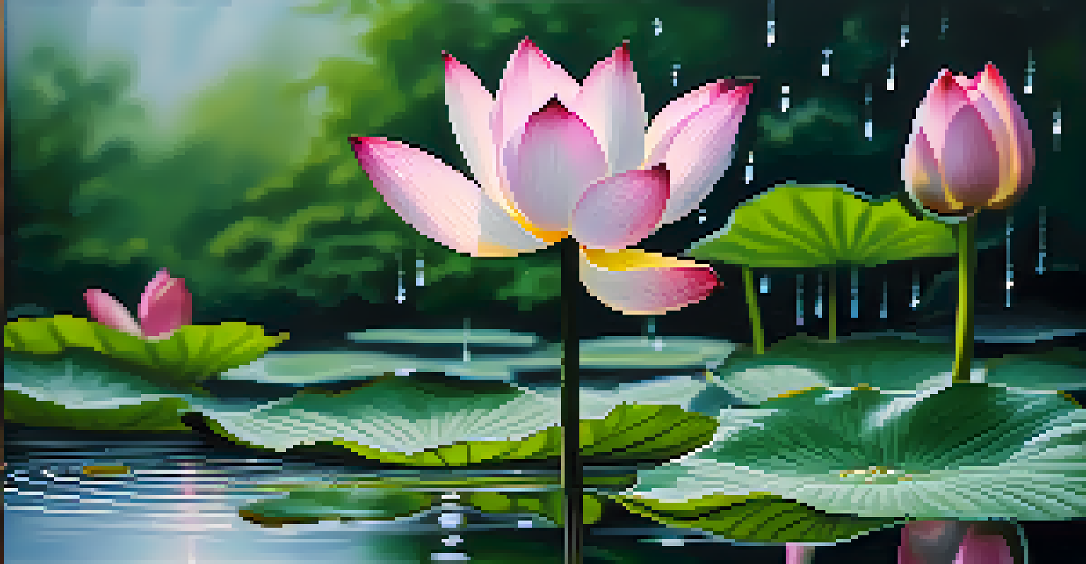 A close-up of a blooming lotus flower with raindrops in a serene pond.