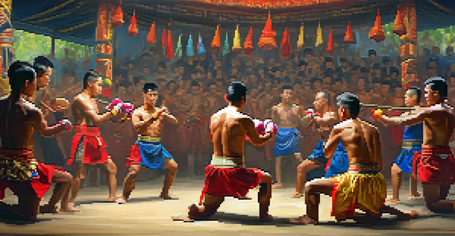 A Muay Thai ceremony with practitioners performing the Wai Khru ritual, dressed in ceremonial attire amid a traditional setting with musical instruments.
