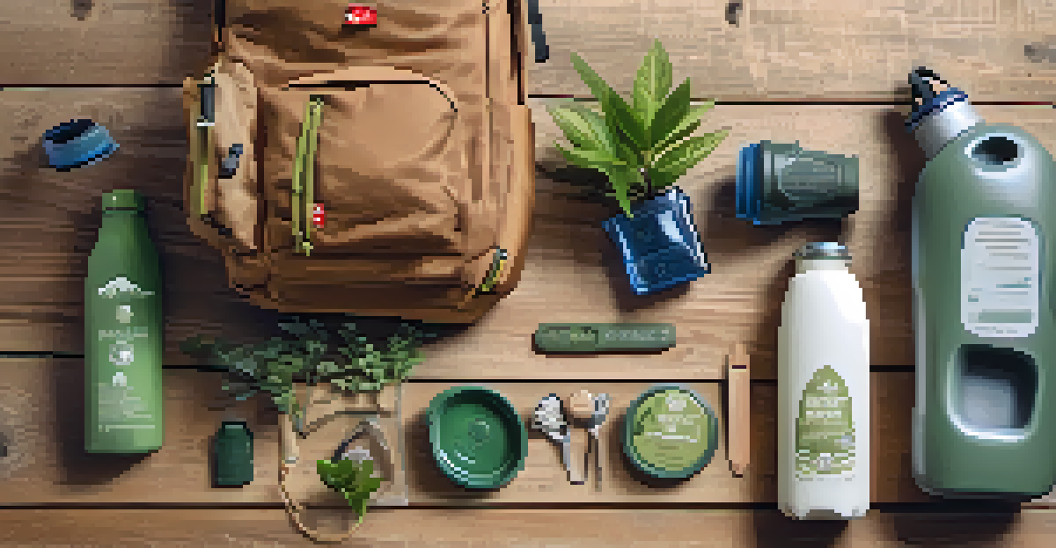 Close-up of eco-friendly adventure gear including a reusable water bottle, biodegradable soap, and utensils on a wooden surface with plants around.