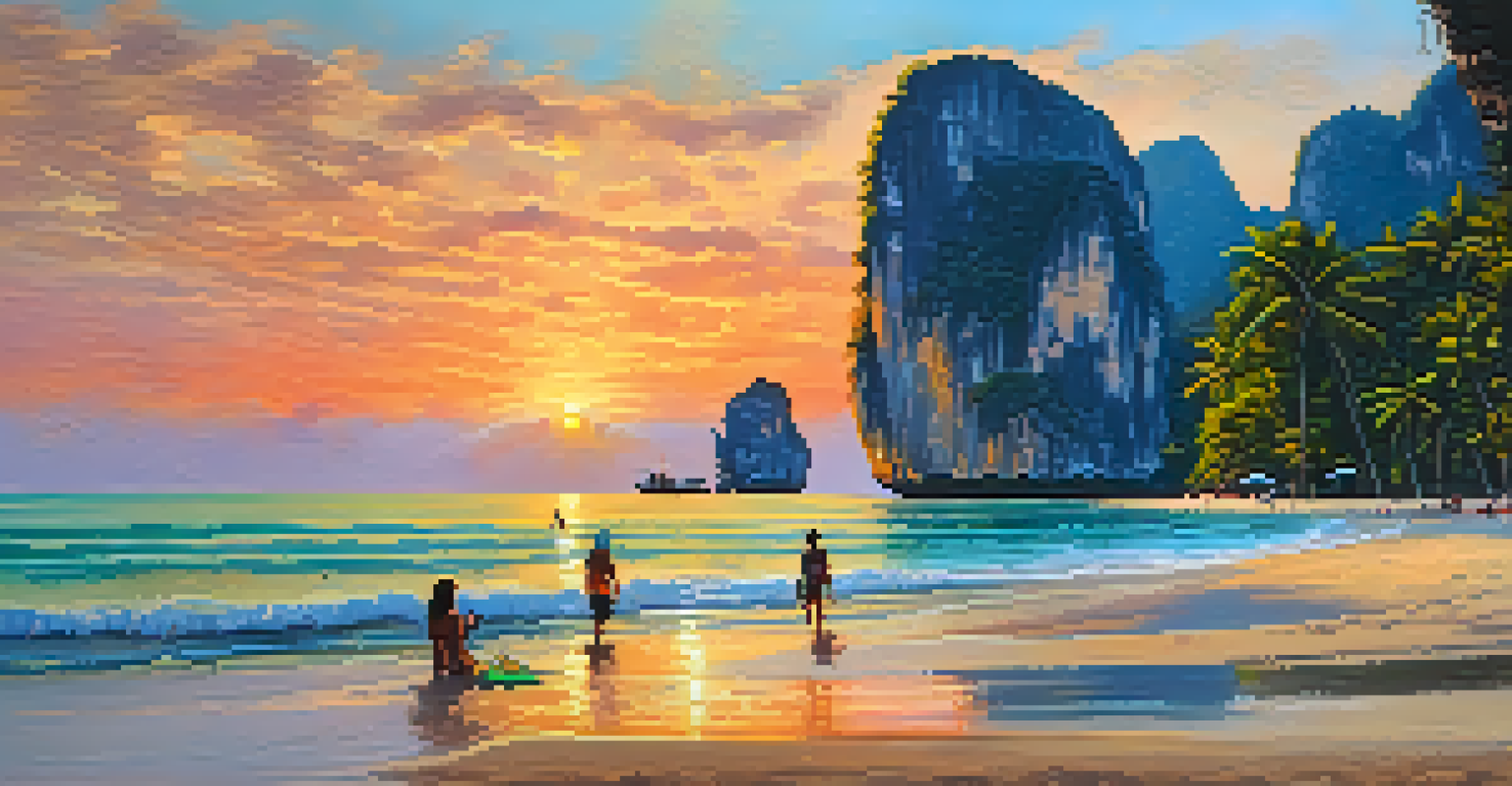 A colorful sunset at Railay Beach with limestone cliffs and beachgoers enjoying the view.