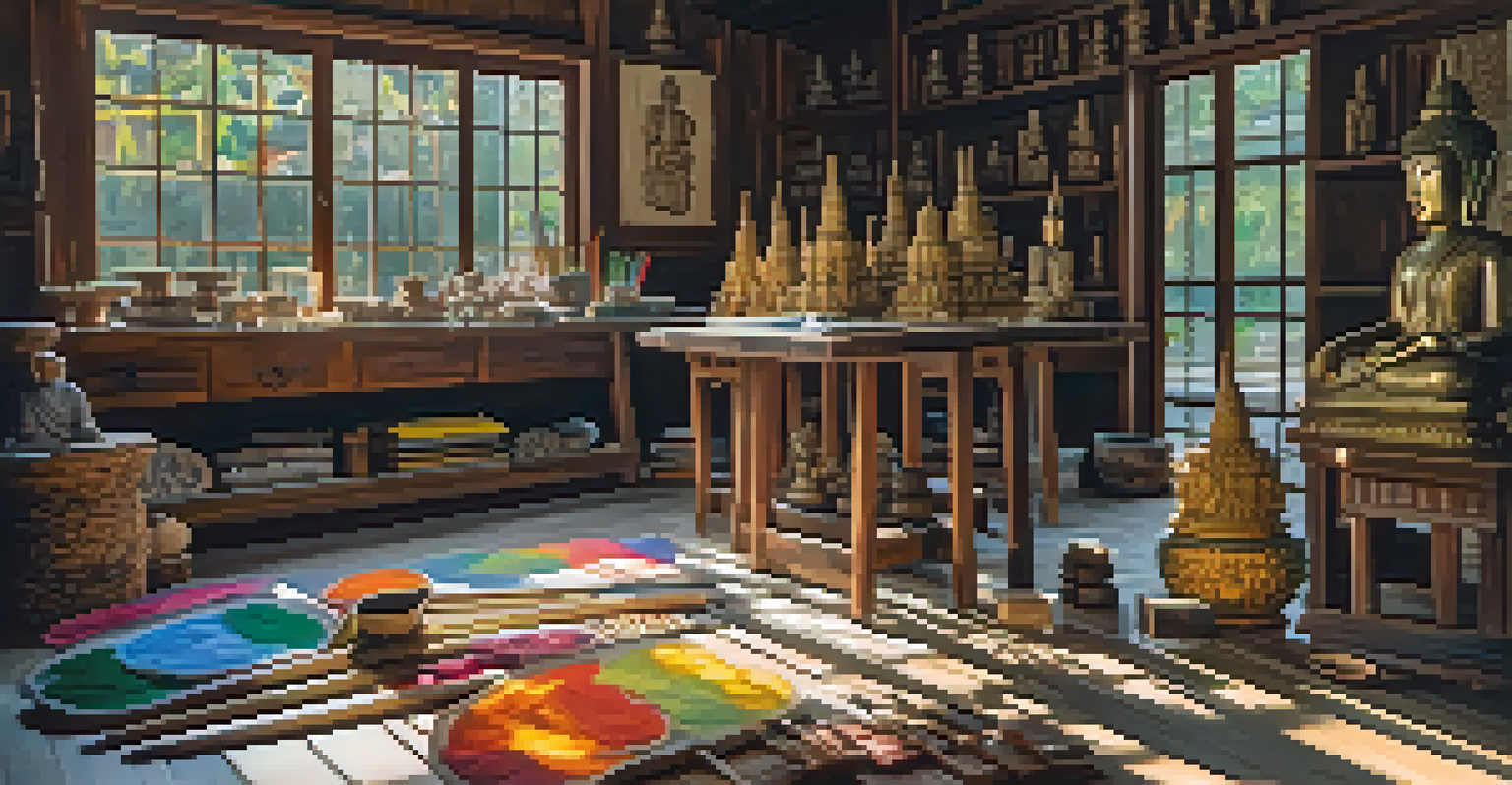 An artist's studio with traditional Thai art supplies, paintings of Buddhist symbols, and natural light highlighting the textures.