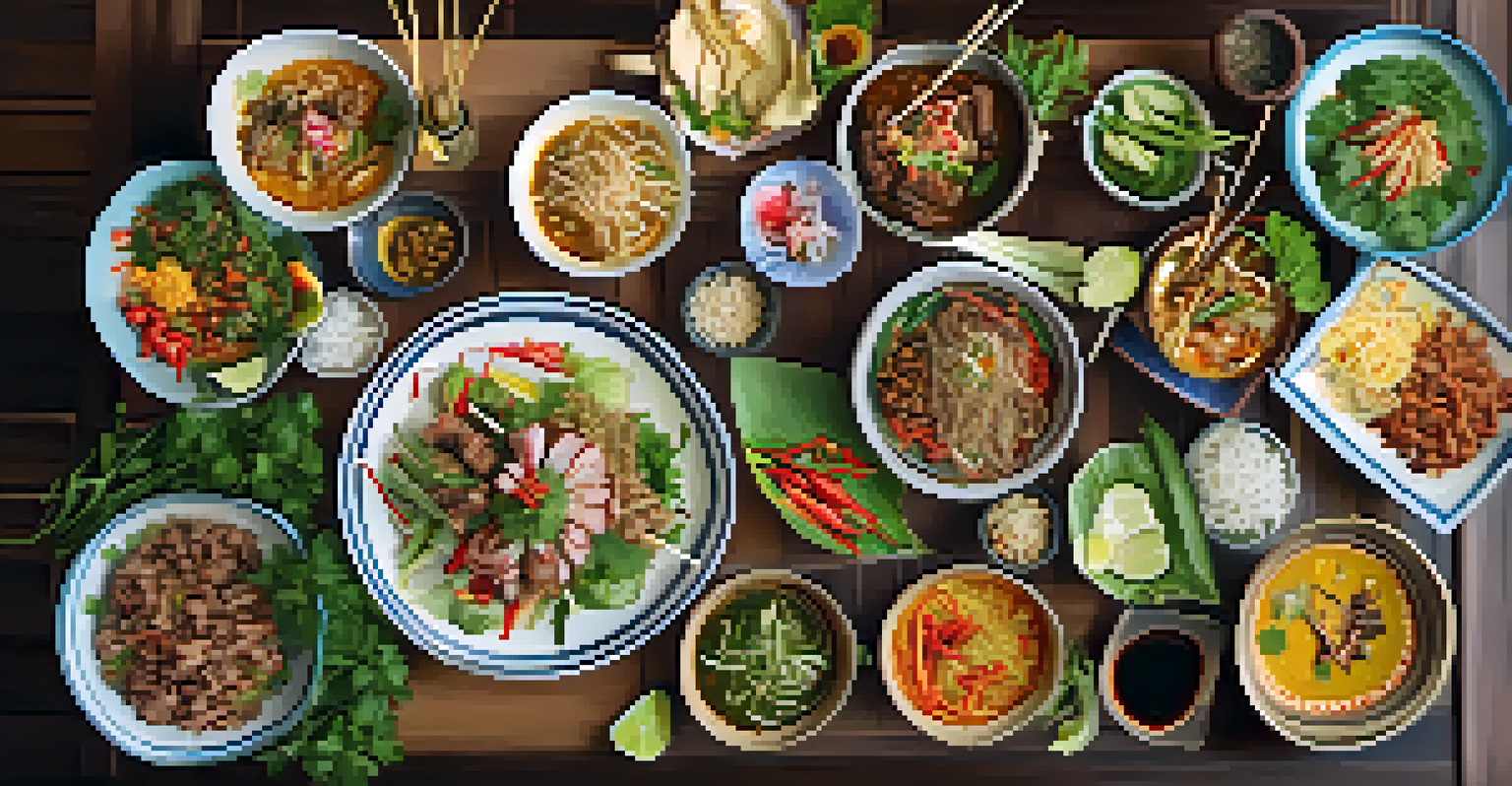 An overhead view of various Thai street food dishes on a wooden table, including som tam salad, grilled skewers, and bowls of curry.