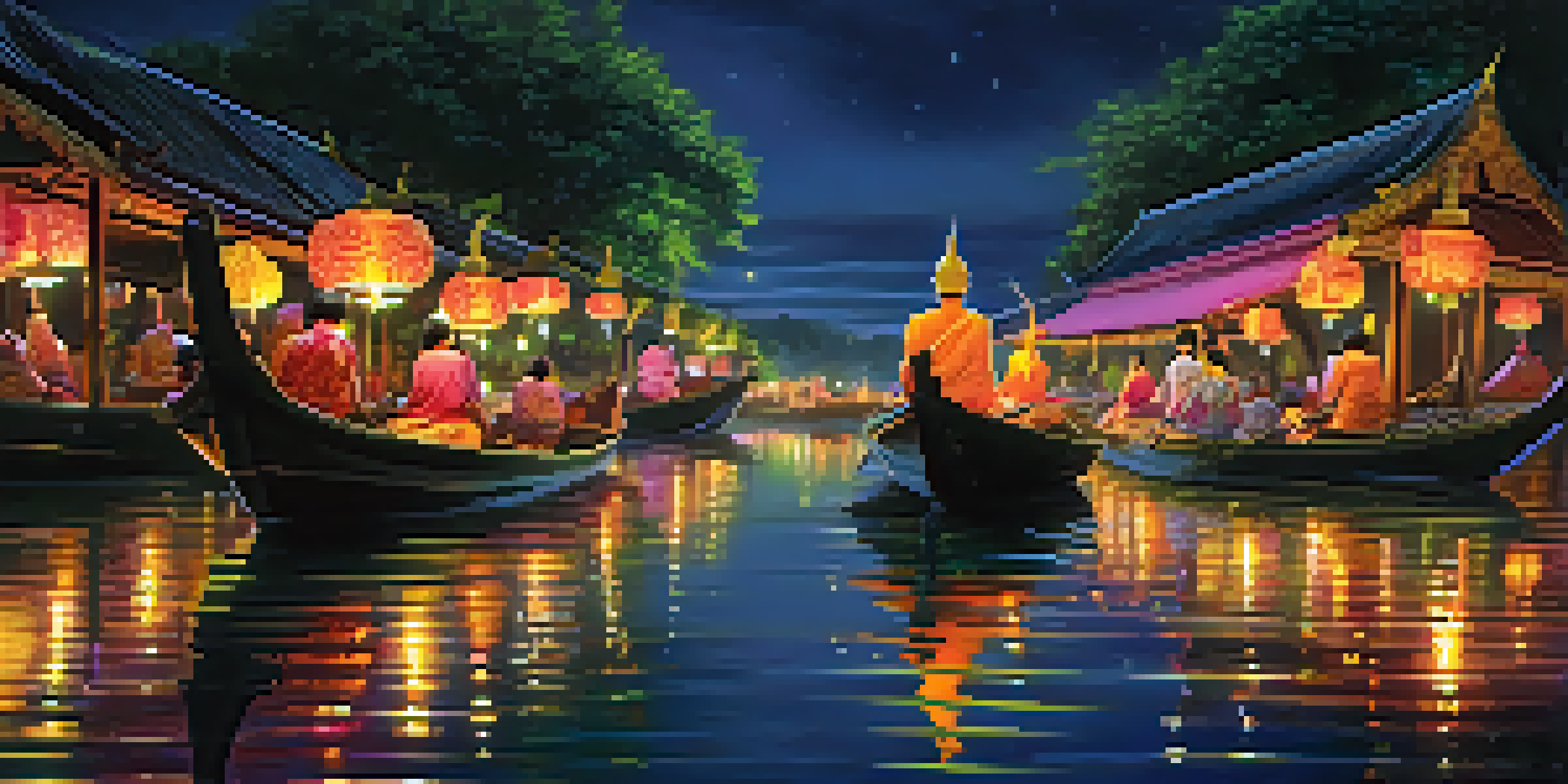 A night scene of the Loy Krathong festival with floating krathongs and glowing lanterns in the sky, reflecting on the water.